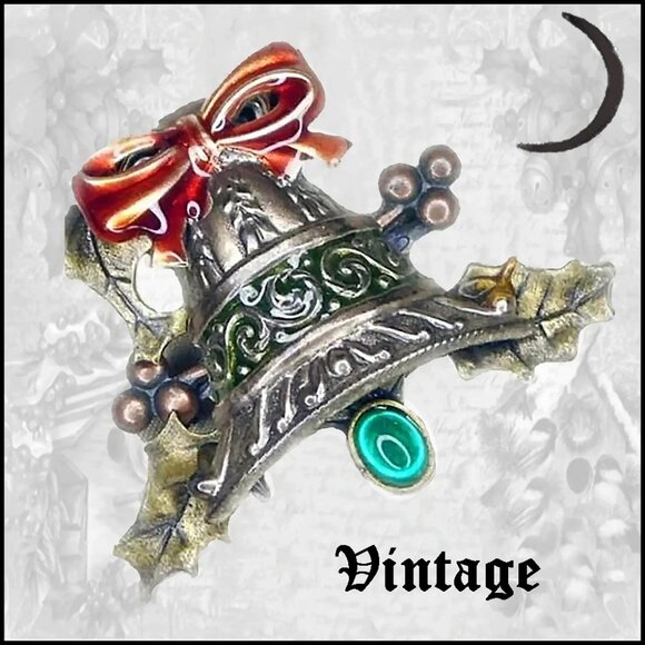 Vintage Christmas Bell Brooch Antique Victorian Style Holiday Bell, Large Pin - Picture 1 of 11